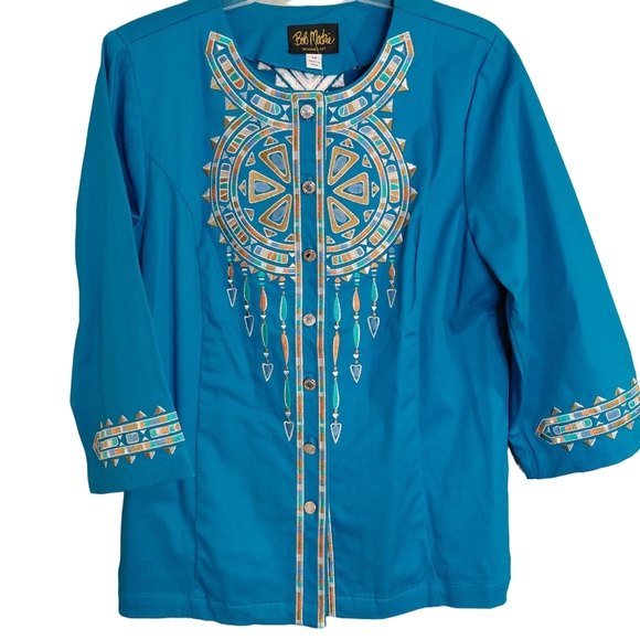 NWT Bob Mackie Wearable Art Embroidered Dreamcatcher Blue Jacket Size Medium - Picture 2 of 10